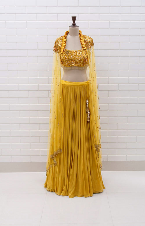 ALBA : Spicy Mustard Box collar Shoulder Jacket & Blouse in Floral Sequins and Beads embroidery with pleated Lehenga
