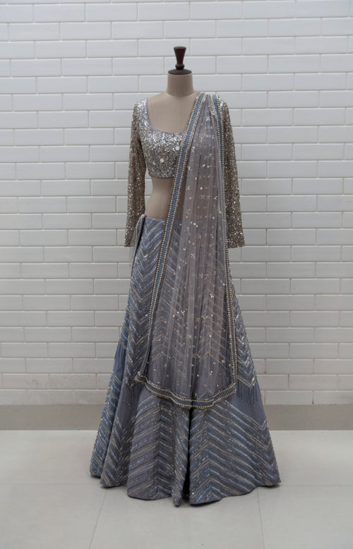 REBECCA - Greyish Blue Zig Zag Lehenga, Densely Embroidered Blouse & Dupatta