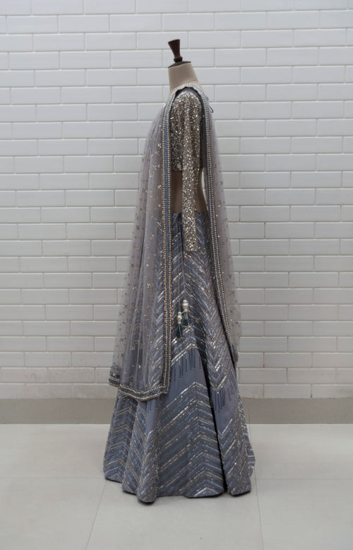 REBECCA - Greyish Blue Zig Zag Lehenga, Densely Embroidered Blouse & Dupatta
