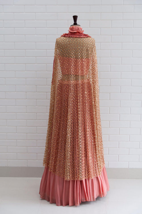 CLARISSA : Canyon Clay Ruffled Jacket with blouse and lehenga