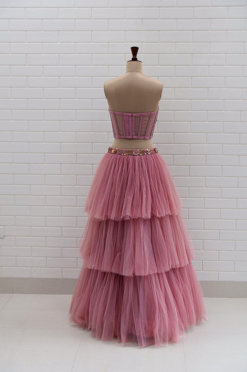 ROSARIA : Orchid Haze Tulle Corset with Floral Sequins and Beads embroidery & Net triple ruffle skirt