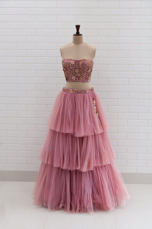 ROSARIA : Orchid Haze Tulle Corset with Floral Sequins and Beads embroidery & Net triple ruffle skirt