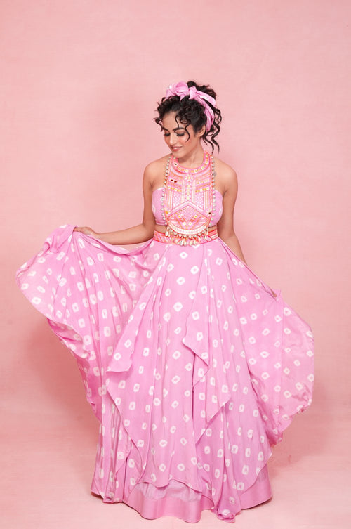 ALAINA : Boho Choli with tribal motifs with a hand-knotted Tie and dye handkerchief lehenga